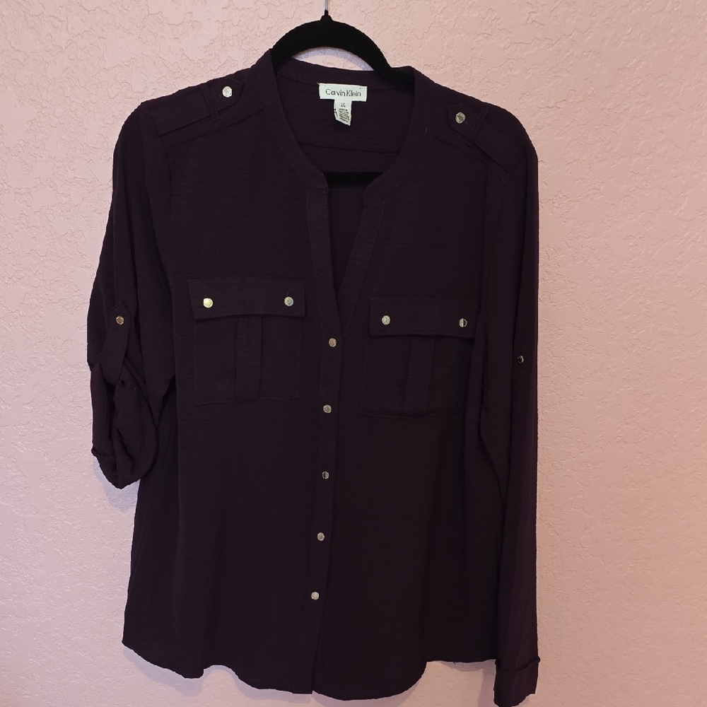 Calvin Klein Black 3/4 Sleeve Mandarin Collar Blouse